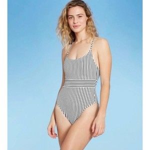 NWT Black and White Striped Shade & Shore High Cut One Piece Swimsuit S